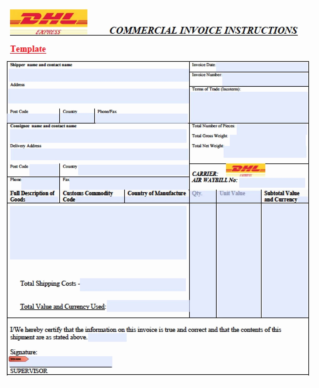 Commercial Invoice Template Word Fresh Dhl Mercial Invoice Template