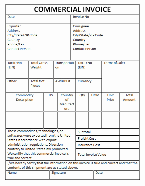 Commercial Invoice Template Word Inspirational Mercial Invoice format In Excel