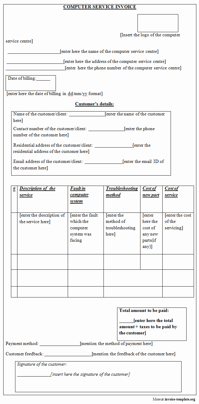 Computer Repair Invoice Template Beautiful Puter Service Invoice Template Invoice Templates