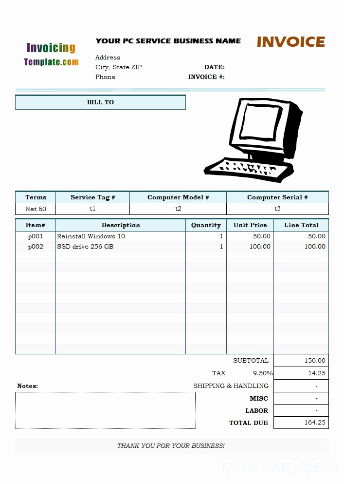 Computer Repair Invoice Template Lovely Bill format for Puter Repair Service