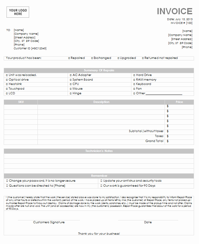 Computer Repair Invoice Template Luxury Puter Repair Invoice Template