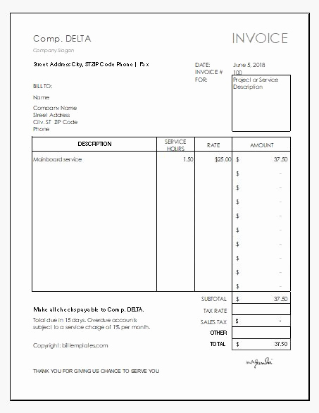 Computer Repair Invoice Template Unique Puter Repair Bill Invoice Templates for Ms Excel