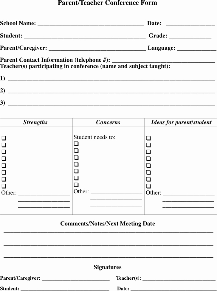 Conference Notes Template for Teachers New Parent Teacher Conference forms
