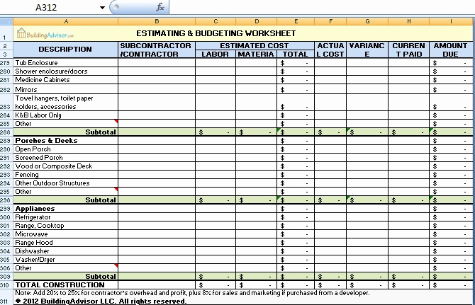 Construction Budget Template Excel Unique Estimating and Bud Ing Worksheet Download In Excel