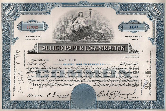 Corporate Stock Certificate Template Inspirational Allied Paper Corporation 1966 Stock Certificate