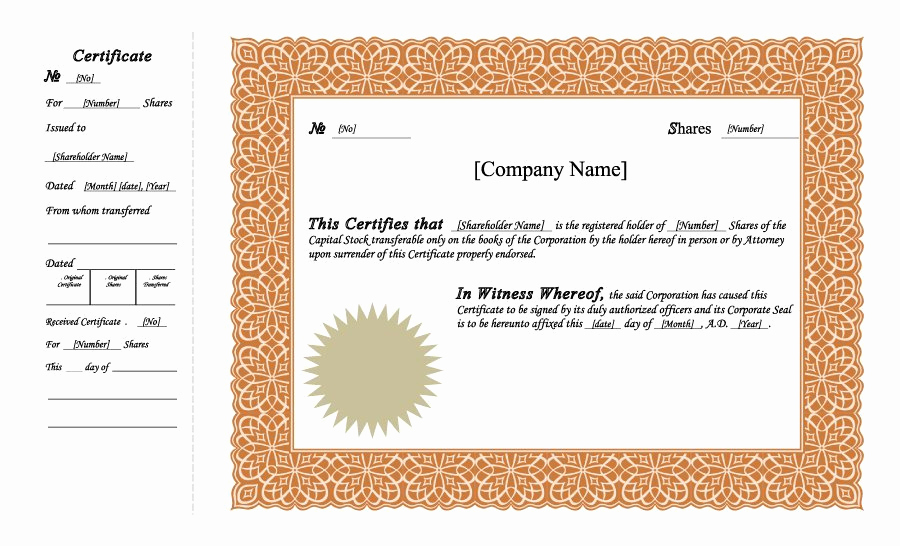 Corporate Stock Certificate Template Word Elegant 41 Free Stock Certificate Templates Word Pdf Free