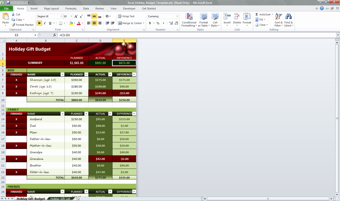 excel holiday bud template