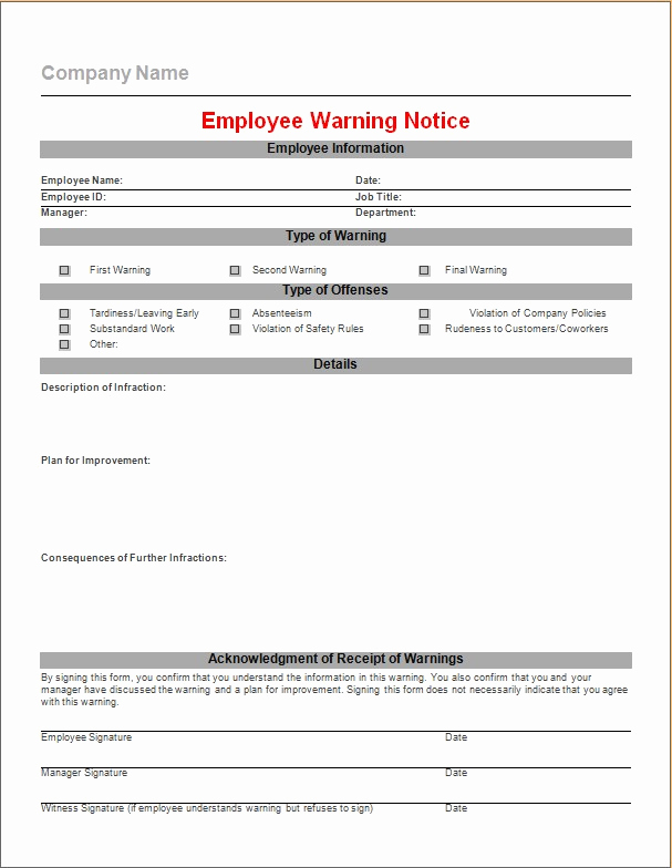 Employee Warning Notice Template Word New Warning Notice to Employee Template