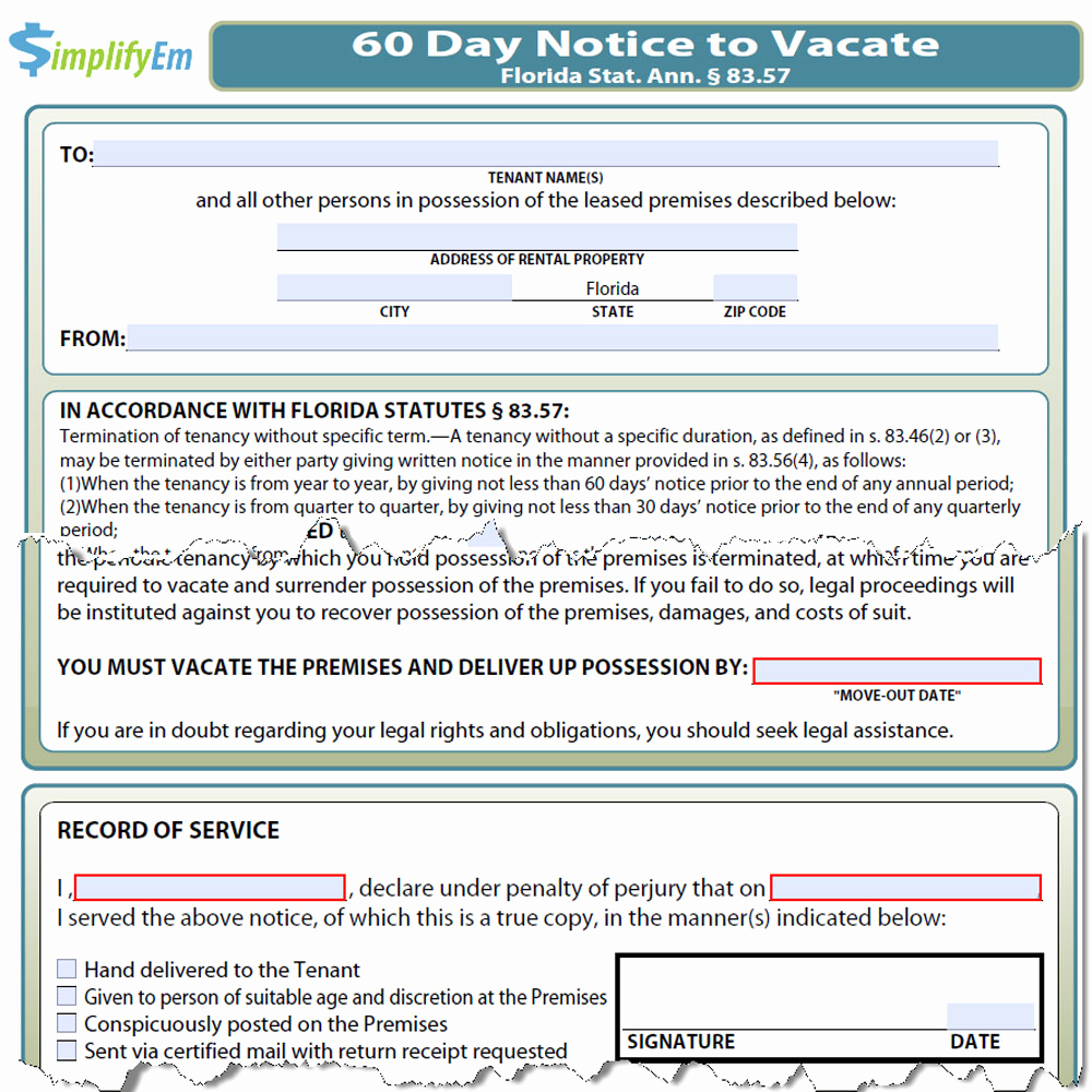 Eviction Notice Florida Template Beautiful Florida Notice to Vacate