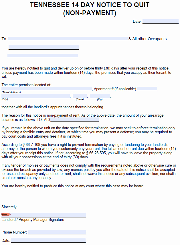 Eviction Notice Template Alabama Unique Free Tennessee 14 Day Notice to Pay or Quit