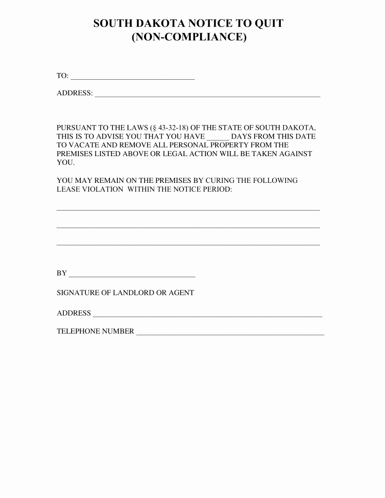 Eviction Notice Template Nc Best Of south Dakota Notice to Quit form Non Pliance