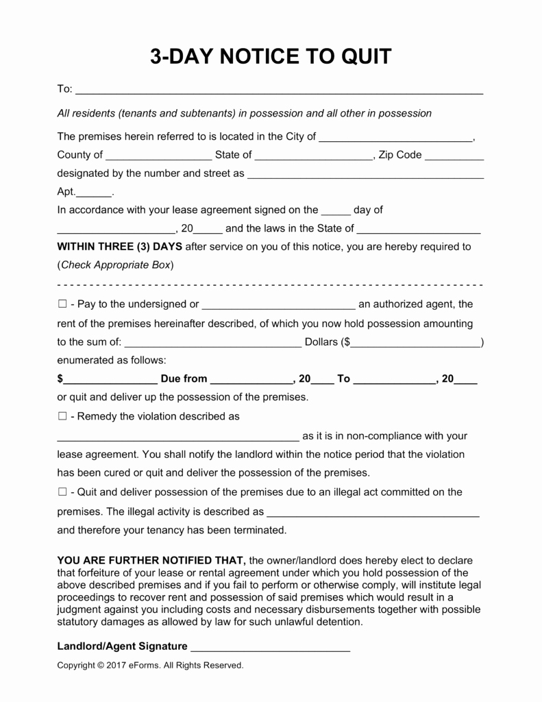 Eviction Notice Template Pdf Beautiful Free Three 3 Day Eviction Notice to Pay or Quit Pdf