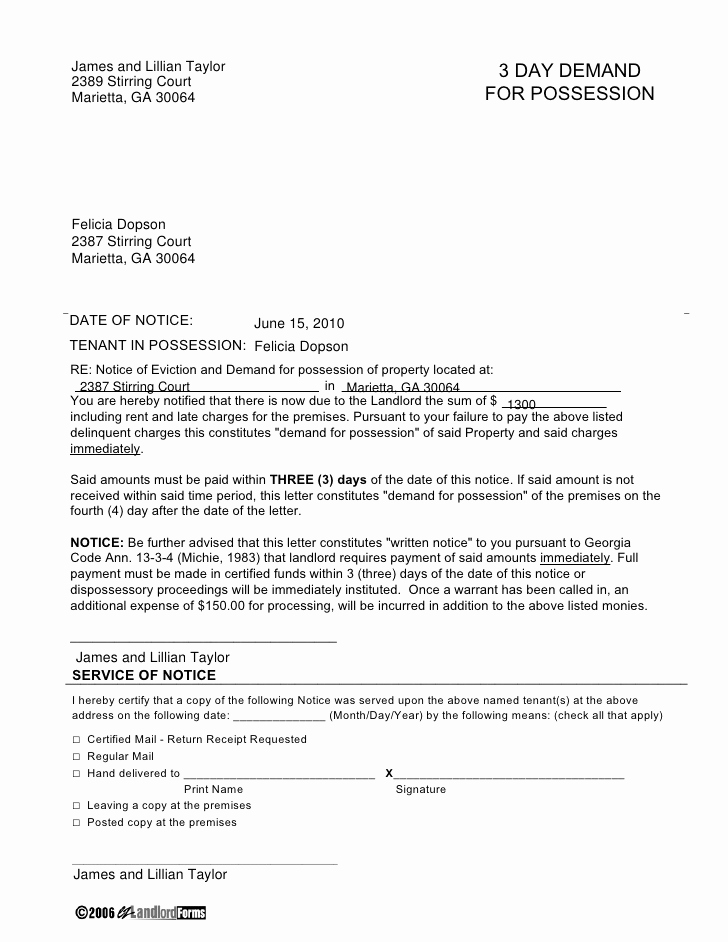 Florida Eviction Notice Template New Georgia 3 Day Demand for Possession