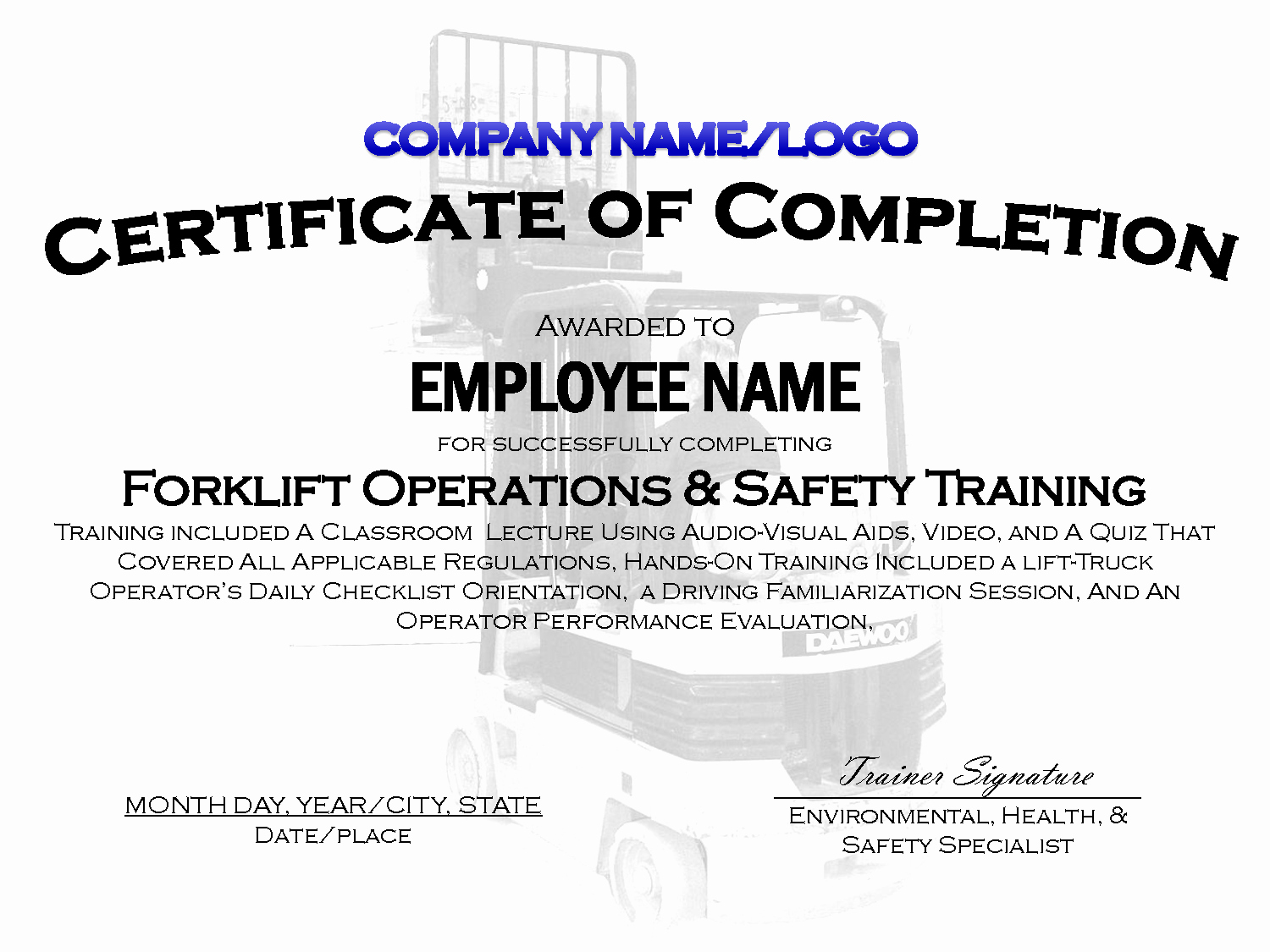 Forklift Certificate Template Free Elegant Best S Of Sample Training Certificate Template