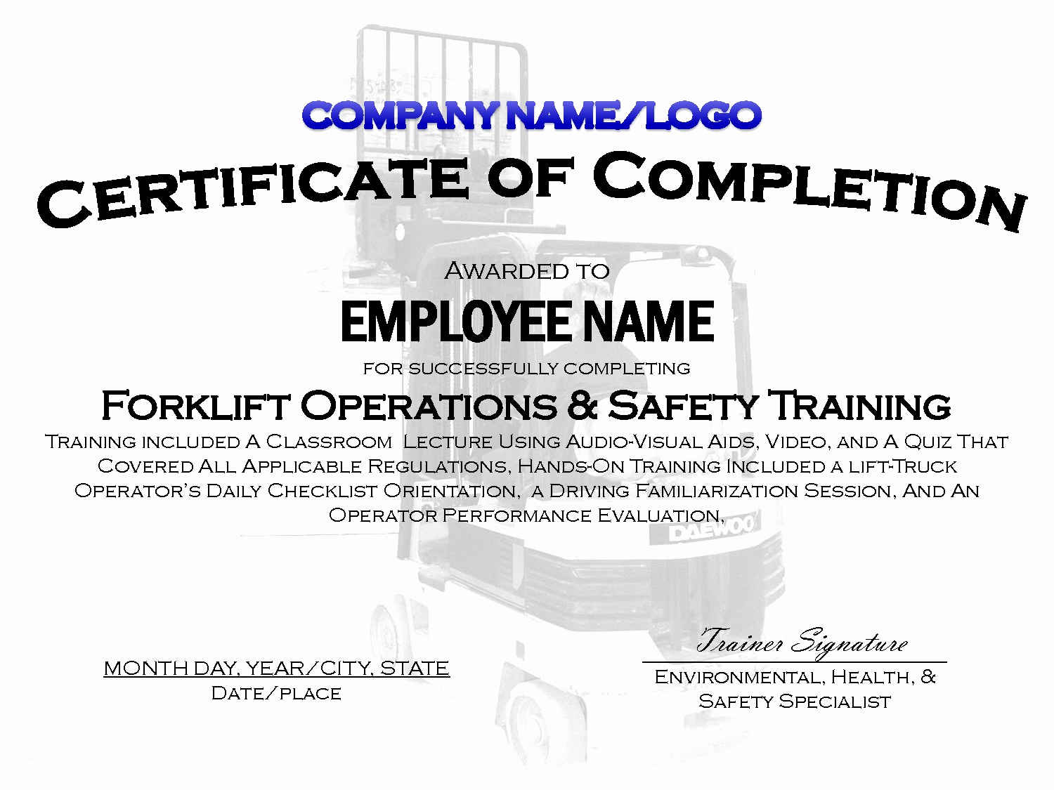 Forklift Training Certificate Template Beautiful forklift Certificate Template Free