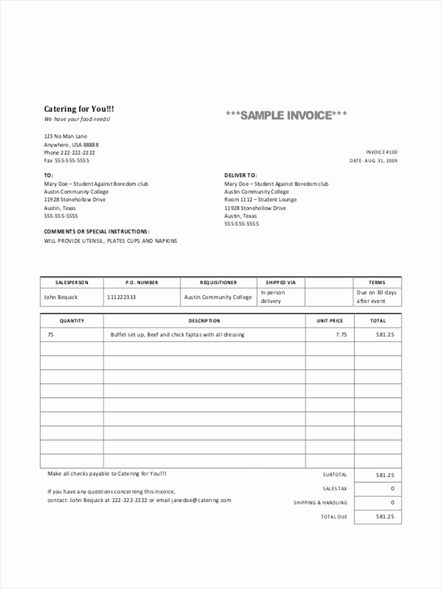 Free Catering Invoice Template Fresh Catering Invoice