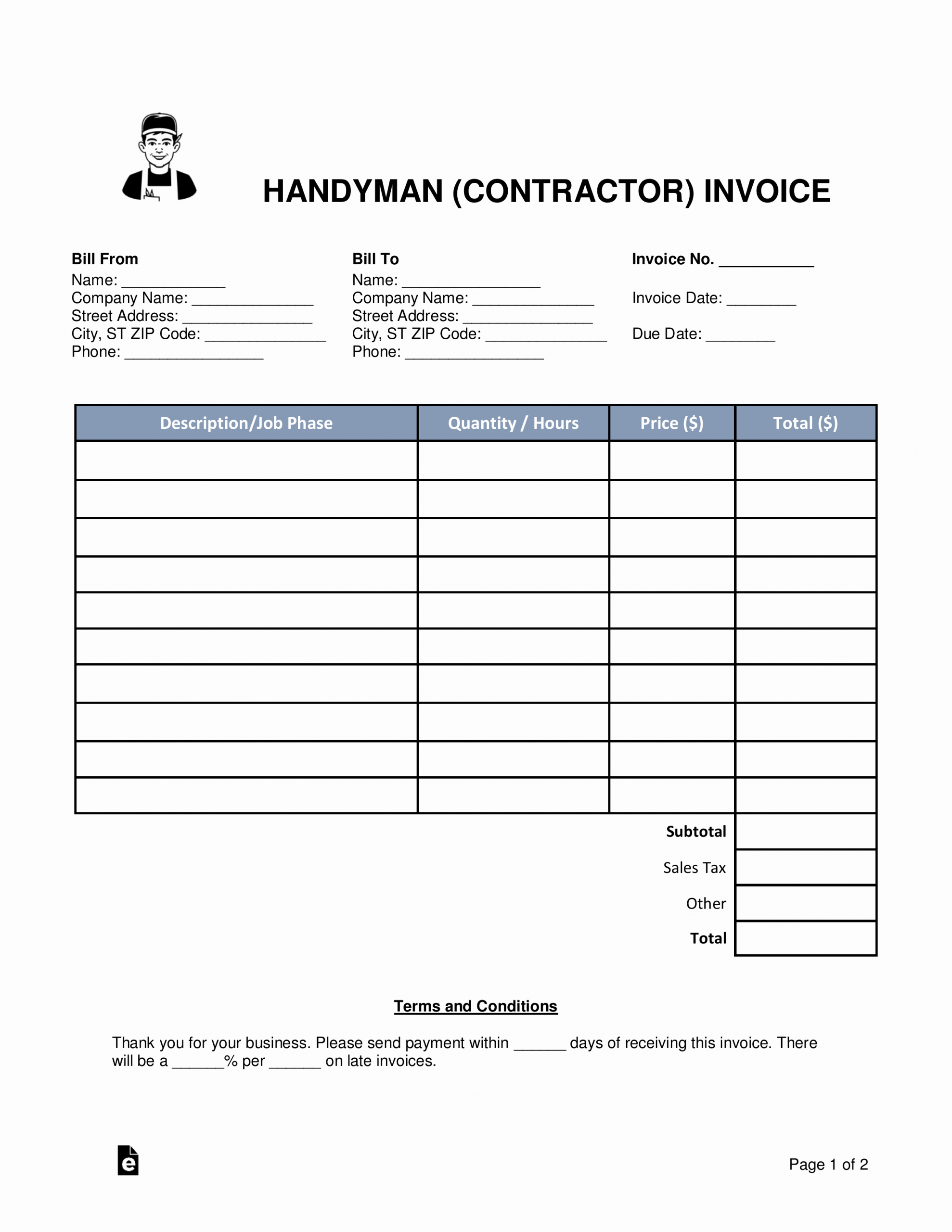 Free Handyman Invoice Template Awesome Free Handyman Contractor Invoice Template Word