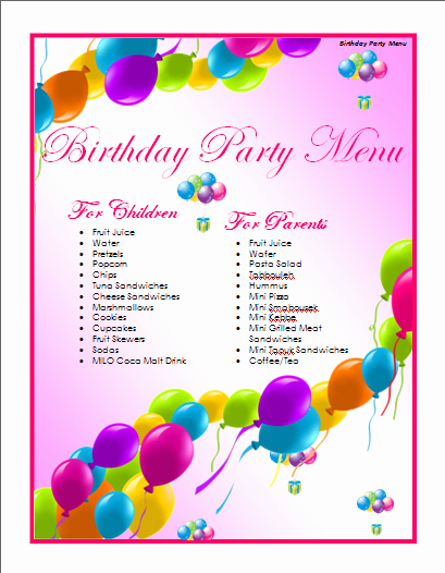 Free Menu Template Microsoft Word Awesome Birthday Menu Template Microsoft Word Templates