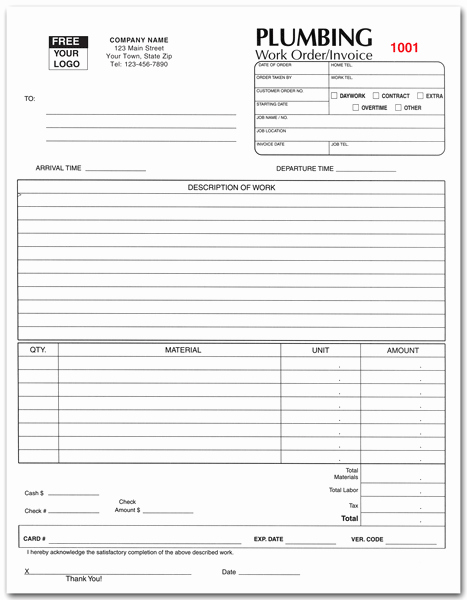 Free Plumbing Invoice Template New Ncr Multi Part Plumbing Work order form