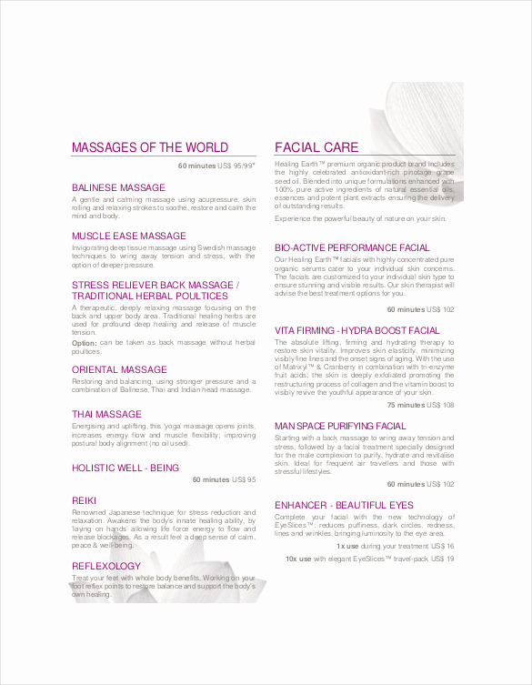 sample spa menu