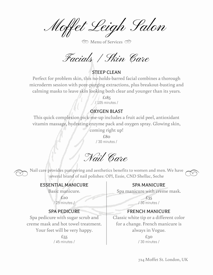 Free Salon Menu Template New Spa Menu Templates and Designs From Imenupro