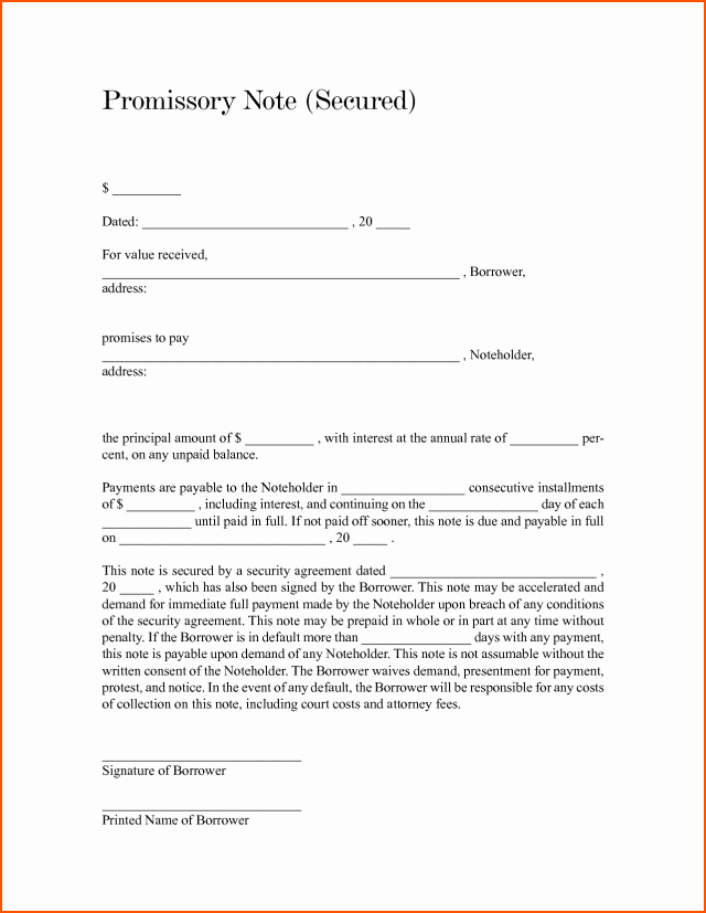 Free Secured Promissory Note Template Inspirational Blank Promissory Note Free Download Aashe