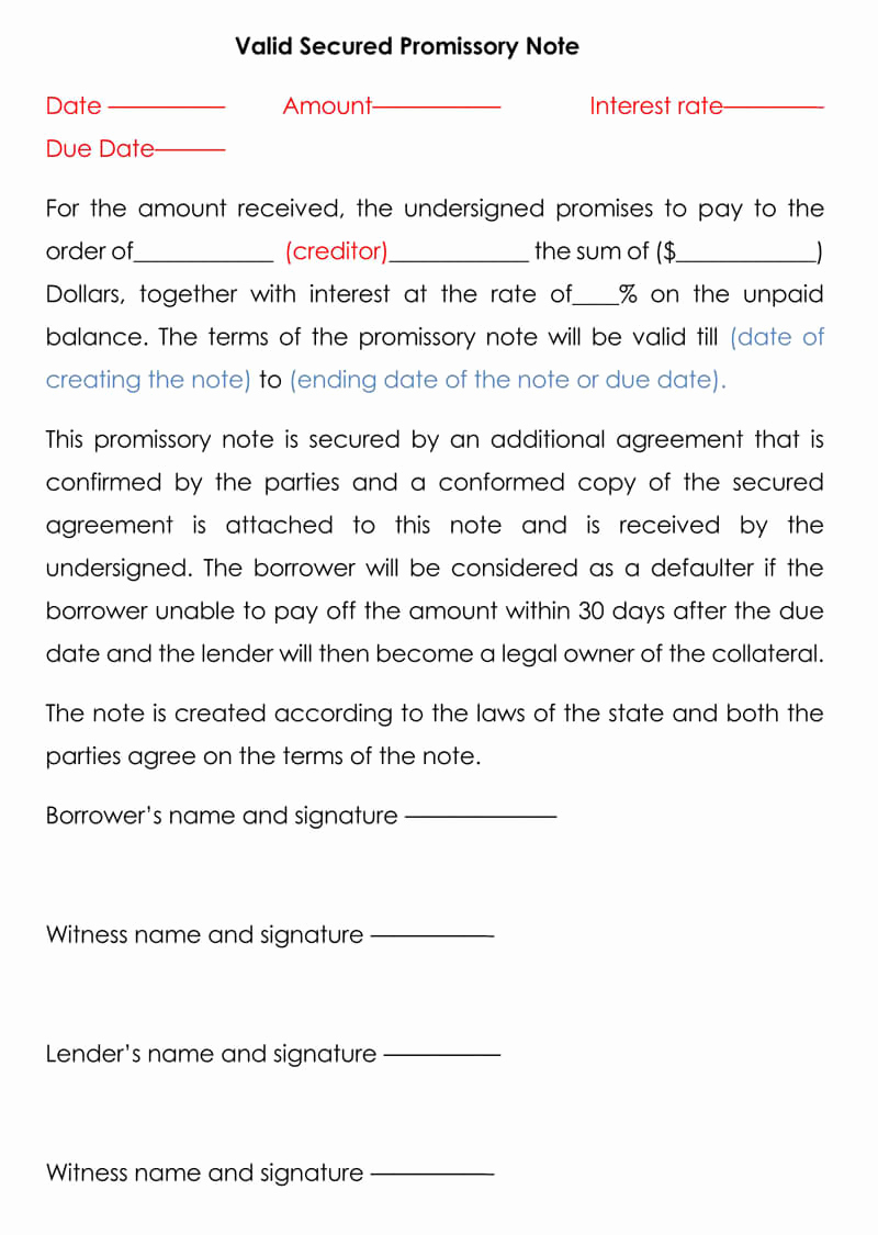 Free Secured Promissory Note Template Unique Secured Promissory Note Free Templates &amp; Examples