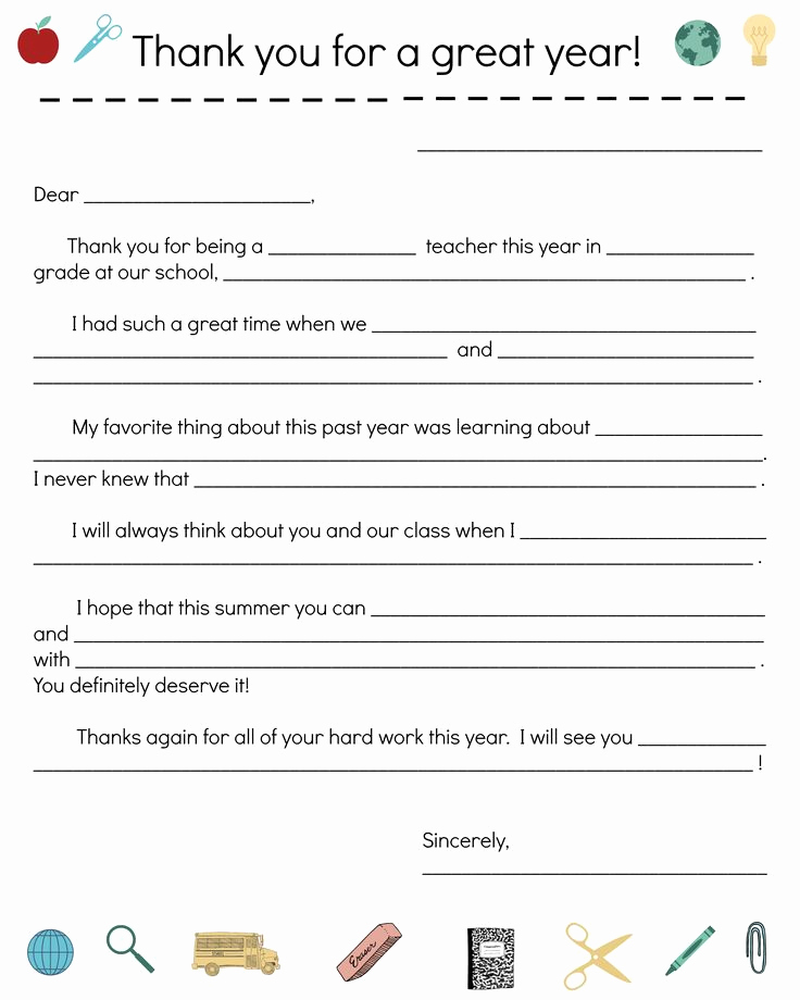 Free Thank You Note Template New End Of Year Teacher Thank You Note