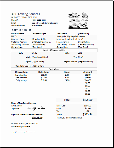 Free towing Invoice Template New towing Service Receipt Template at Receipts Templates