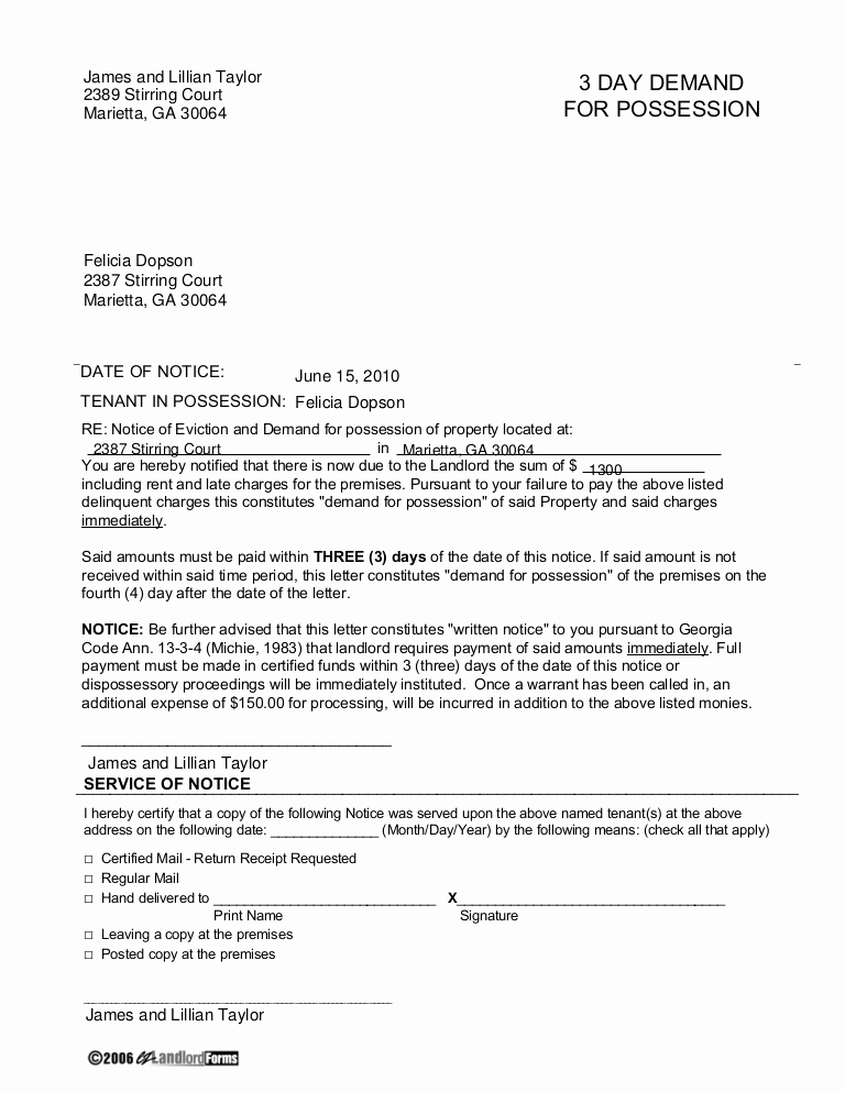 Georgia Eviction Notice Template Beautiful Georgia 3 Day Demand for Possession