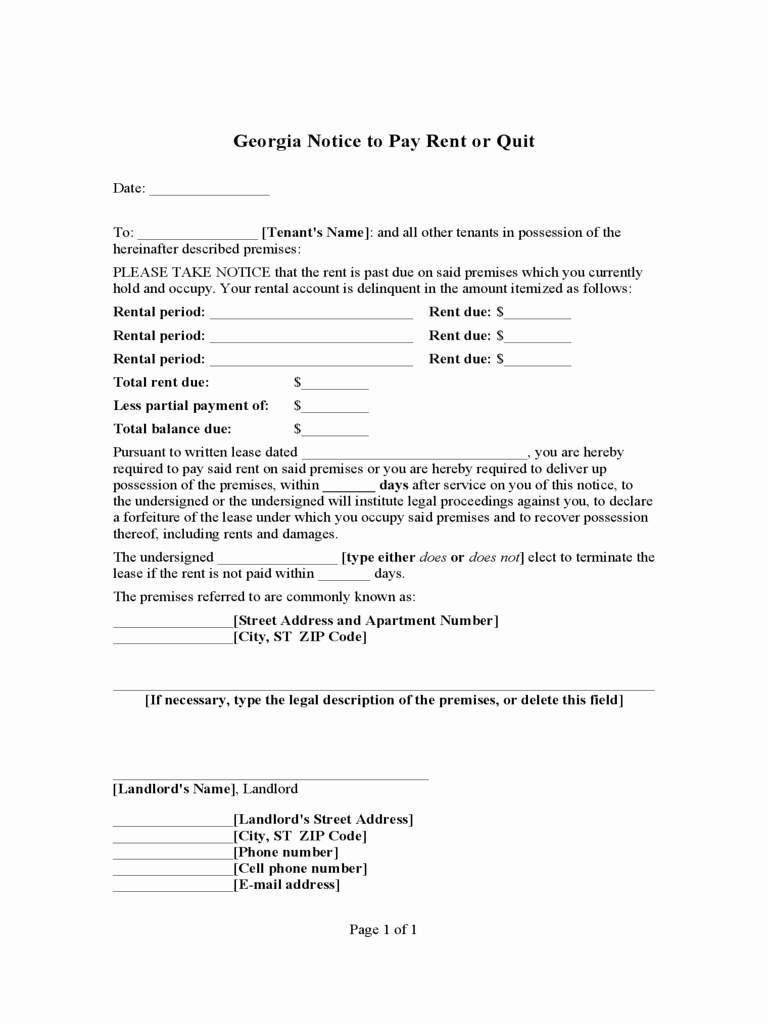 Georgia Eviction Notice Template Luxury Georgia Rent and Lease Template Free Templates In Pdf