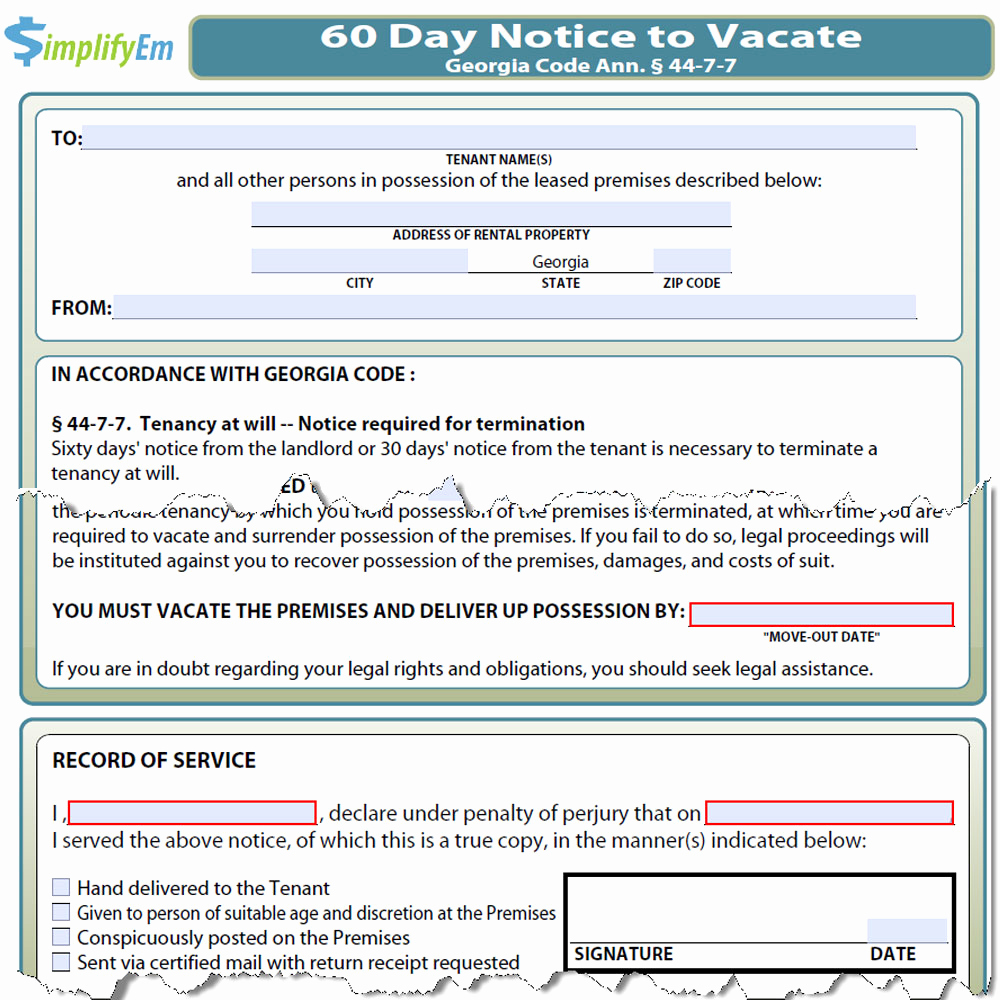 Georgia Eviction Notice Template New Georgia Notice to Vacate