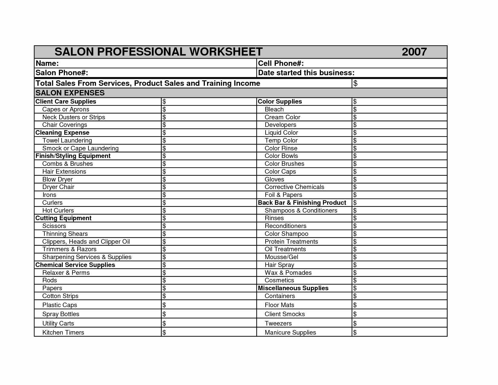 beauty salon bud spreadsheet