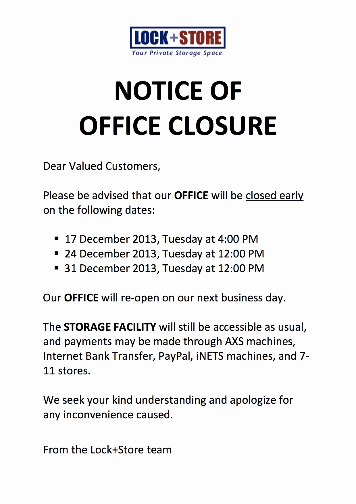 Holiday Closing Notice Template Best Of Lockandstore Lock Store