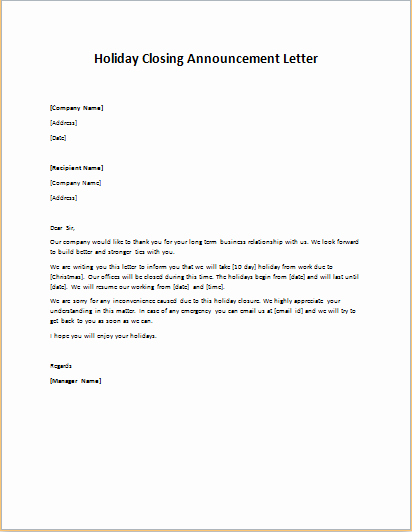 Holiday Closing Notice Template Fresh formal Ficial and Professional Letter Templates Part 11