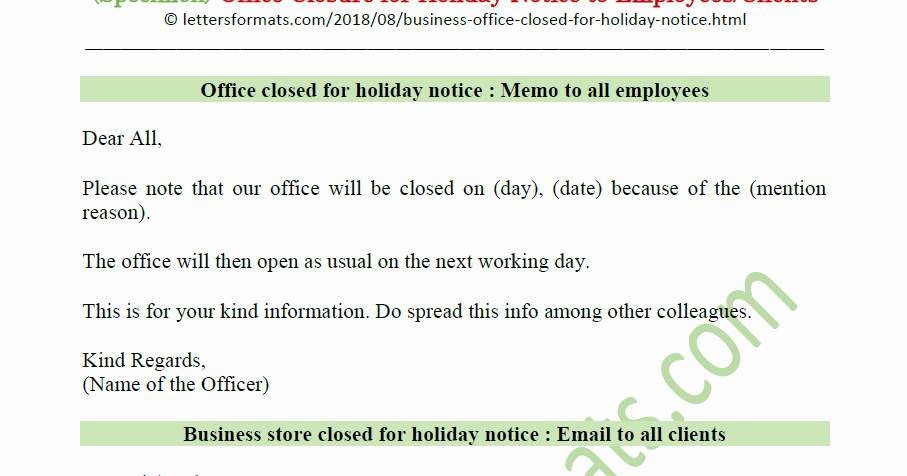 Holiday Closing Notice Template Fresh Notice Of Fice Closure for Holiday for whole Day Early