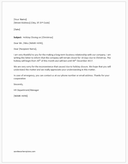 Holiday Closing Notice Template Inspirational Holiday Closing Announcement Letters