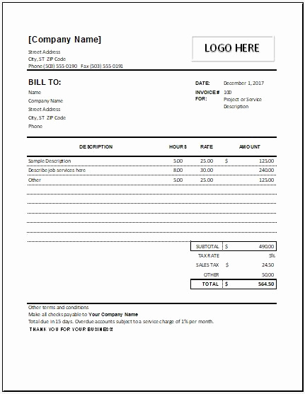 Hourly Invoice Template Excel Awesome Hourly Service Invoice for Excel format