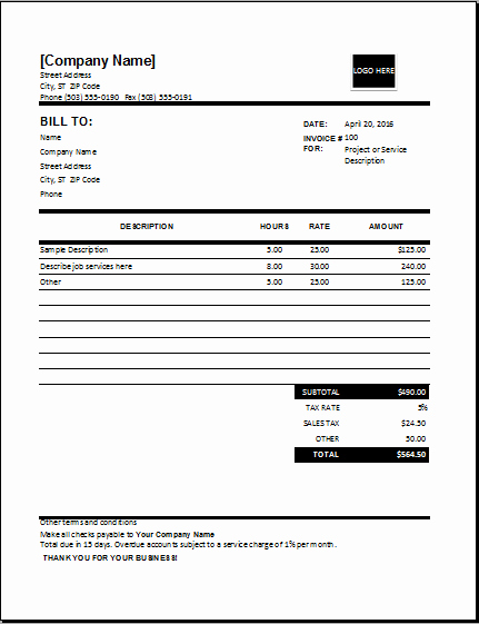 Hourly Invoice Template Excel Luxury Hourly Services Invoice Template
