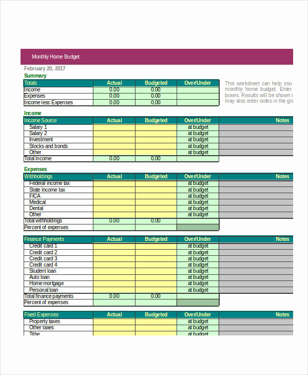 excel home bud template