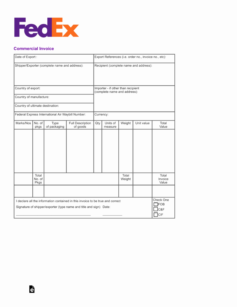 International Commercial Invoice Template Word Awesome Free Fedex Mercial Invoice Template Pdf Eforms – Free