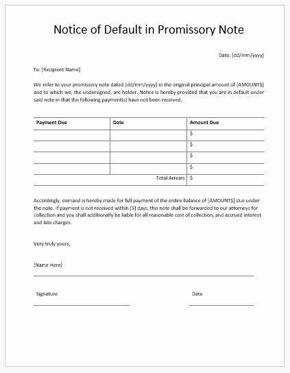 International Promissory Note Template Fresh Notice Of Default In Promissory Note Template