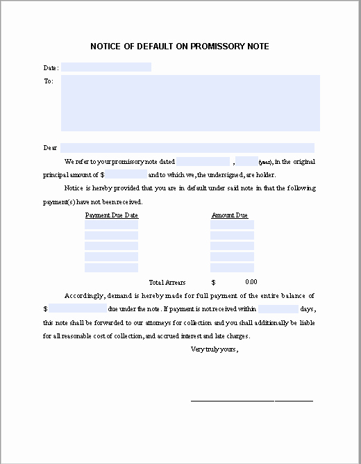 International Promissory Note Template New Notice Of Default In Promissory Note