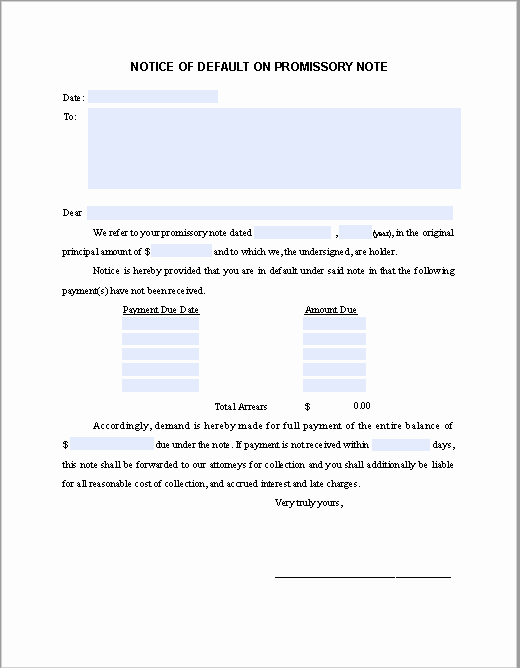 International Promissory Note Template New Notice Of Default In Promissory Note