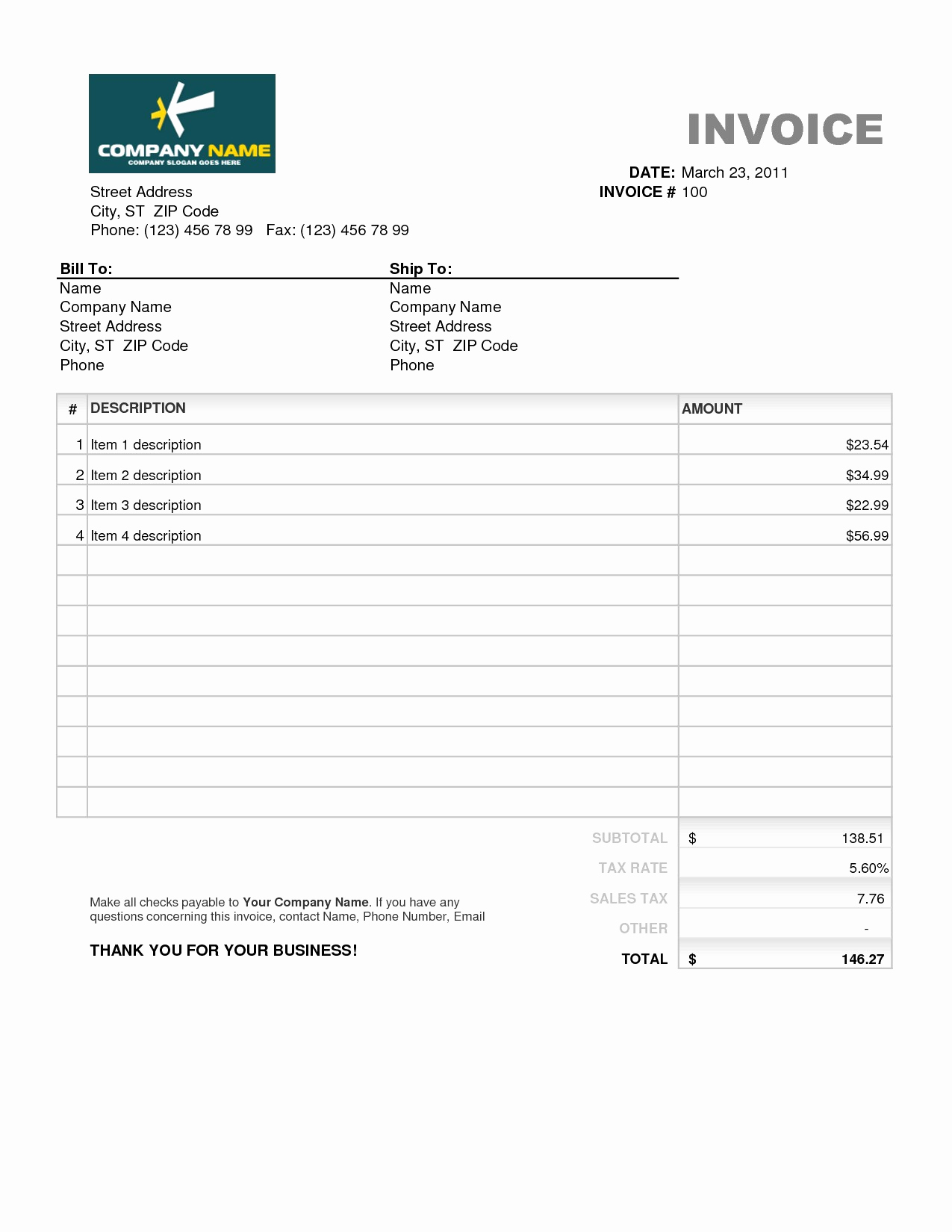 excel invoice template free