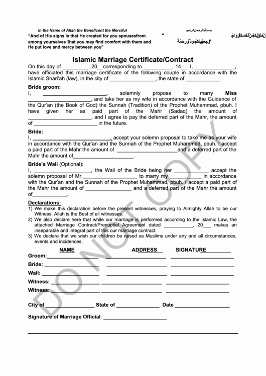 Islamic Marriage Certificate Template Awesome islamic Marriage Certificate Contract Printable Pdf