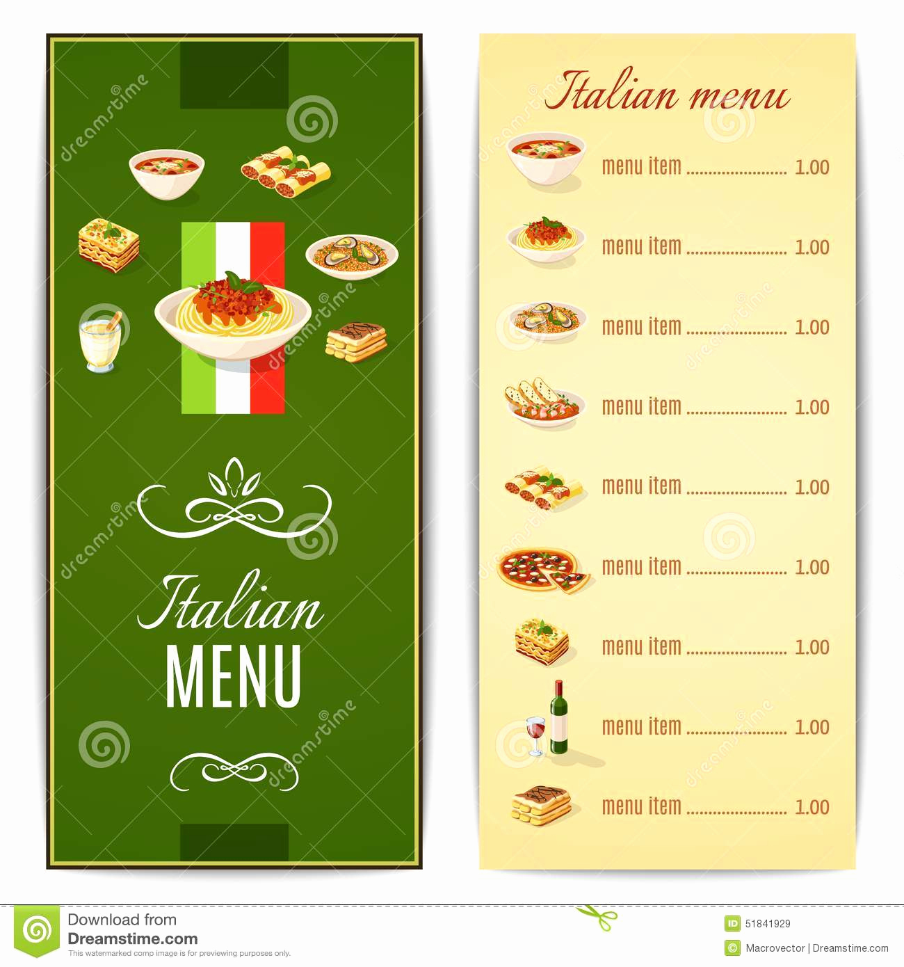 Italian Restaurant Menu Template Elegant Italian Food Menu Stock Vector Image