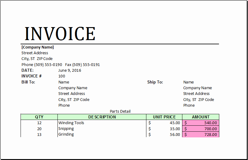 invoice for parts and labor