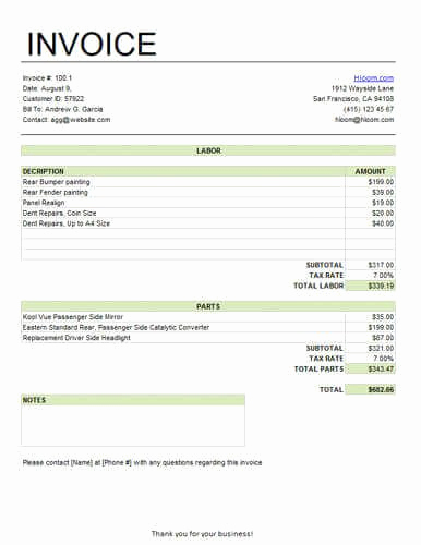 Labor Invoice Template Excel Luxury Basic Service Invoice for Labor and Parts with Tax