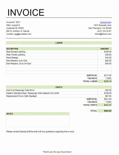 Labor Invoice Template Word Unique Basic Service Invoice for Labor and Parts with Tax